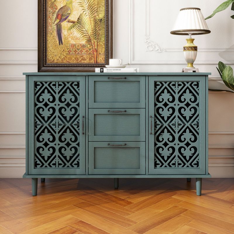 Arina Hollow-Carved Cabinet,Distressed Wooden Cabinet With 2 Doors And 3 Drawer-Maison Boucle, 1 of 10
