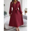 Women Fall Casual Pleated Long Sleeve Maxi Dress V Neck Button Boho Flowy Swing A Line Long Dress with Belt - 2 of 4
