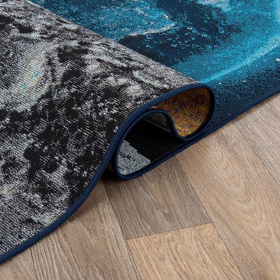 Blue Round Synthetic Moon and Earth Area Rug