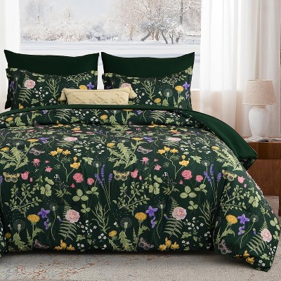 Der Rose BALHAM TRADE-Queen Size Comforter Set 7 Piece Dark Green Floral Lightweight All Season Bedding Dark Green-Queen 90"x90" — фото 3