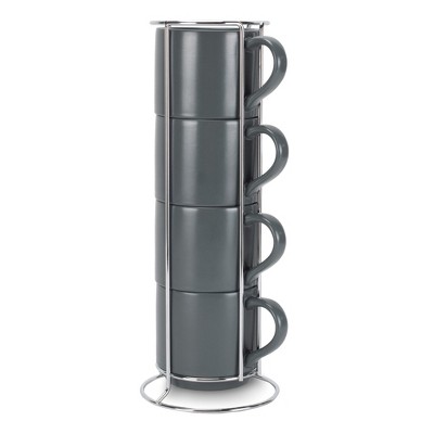 Nat & Jules Stacking Grey 14 ounce Ceramic Stoneware Mugs With Stand Set of 4