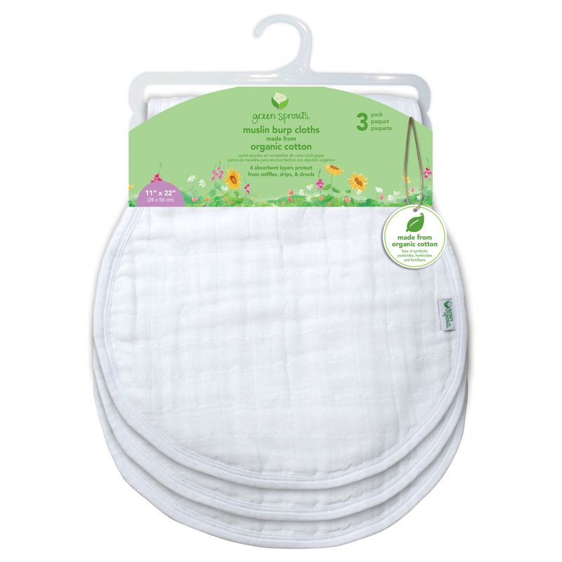 green sprouts Organic Cotton Muslin Burp Cloths 3pk - White, 3 of 8
