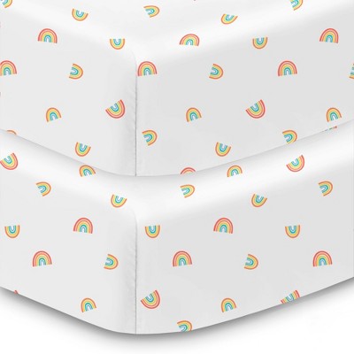 BreathableBaby Cotton Percale Fitted Sheet, For 52" x 28" Crib & Toddler Bed Mattress, Rainbows (2-Pack)