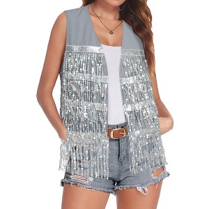 Nlife Women's Solid Color Sparkly Sequin Fringed Trim Sleeveless Glitter Jacket - 1 of 4