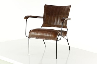 Vintage Brown Leather and Metal Accent Chair