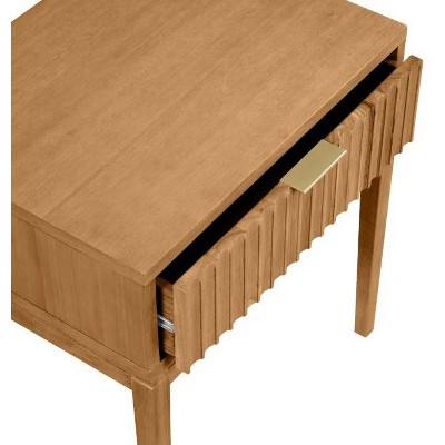 Natural Brown Fluted Wood Nightstand Set with Brass Handles