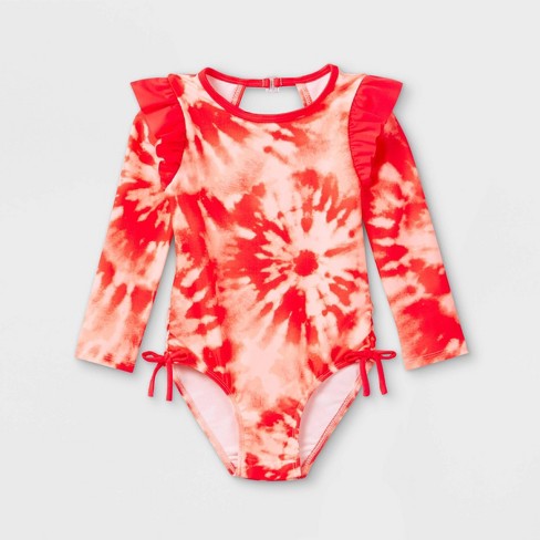 Toddler Girls Tie Dye Ruffle One Piece Rash Guard Cat Jack Pink 12m Target