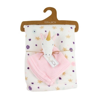 Lila and Jack White with Yellow and Purple Floral Fleece Kids' Throw with White and Pink Unicorn Lovey Set