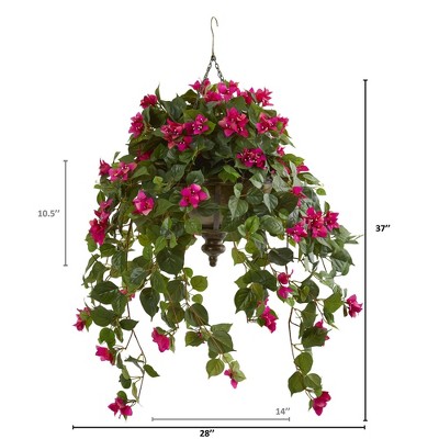 37" Pink Bougainvillea Artificial Hanging Plant in Metal Bowl