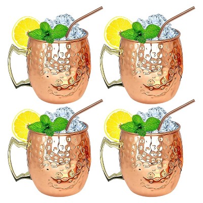 NewHome "4Pcs 18oz Moscow Mule Mugs Copper Plated with Hammered Design, Stainless Steel Lining & Straws for Cold Drinks" Rose Gold