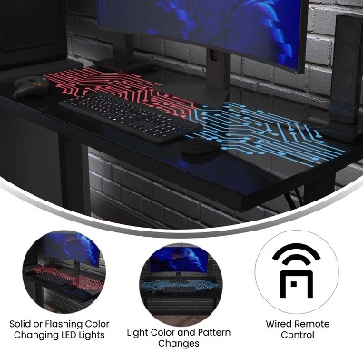 Sleek 46'' Black Tempered Glass Gaming Desk with LED Lights