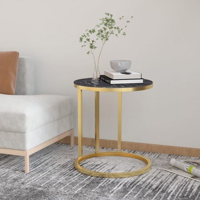 vidaXL Side Table Gold and Black Marble 17.7 in. Tempered Glass