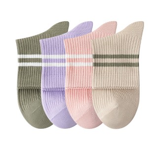 Anna-Kaci Womens Athletic Crew Socks 4-Pack Ribbed Knit Design Contrast Double Stripe Stretch Comfort Everyday Fit - 1 of 4