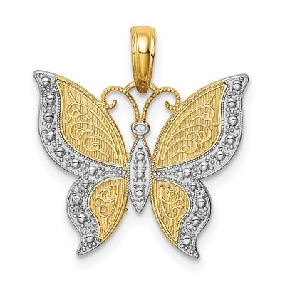 Black Bow Jewelry 14k Yellow Gold and White Rhodium Fancy Butterfly Pendant, 19mm