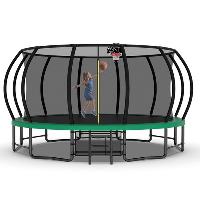 Whisen Outdoor Pumpkin Trampoline with Safety Enclosure Net, Foam Padded Poles, W-Shaped Legs, Balance Bars