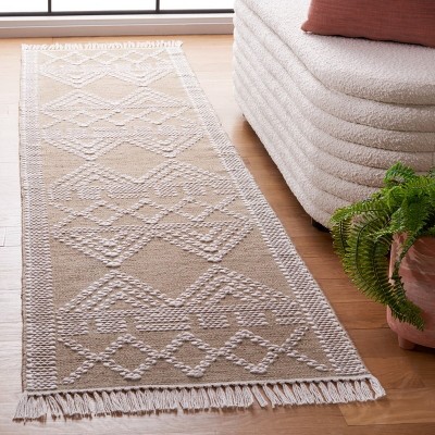 Ivory and Beige Tribal Flat Woven Wool Runner Rug