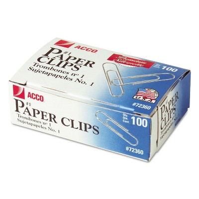 ACCO Premium Paper Clips Smooth #1 Silver 100/Box 10 Boxes/Pack 72360