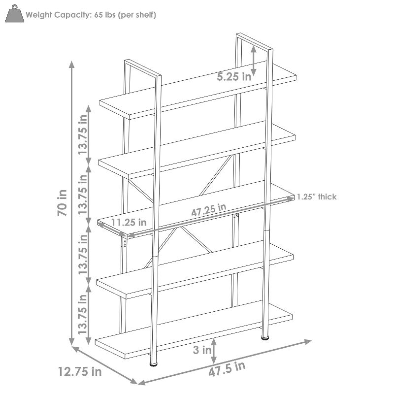 Sunnydaze 5 Shelf Industrial Style Freestanding Etagere Bookshelf with Wood Veneer Shelves, 3 of 9