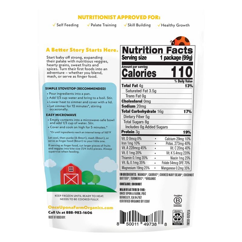 Once Upon a Farm Baby Organic Frozen Plant-Rich Meals with Mango, Carrot, Navy Bean &#38; Coconut Butter - 3.5oz, 3 of 6