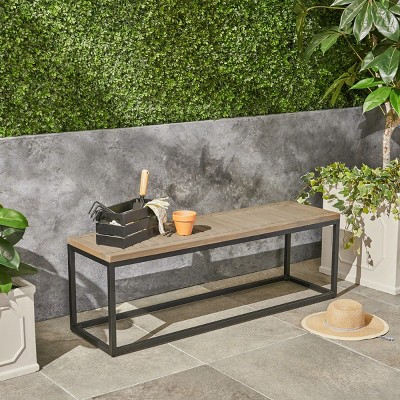 Coolbibila-Patio Benches With Iron Frame And Closed Legs, Garden Benches Constructed From Teak Wood, Modern Garden Bench Outdoor