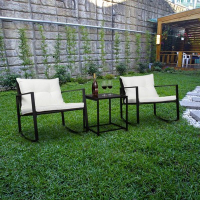 Black 3-Piece Wicker Outdoor Bistro Set Rocking Chairs with White Cushion
