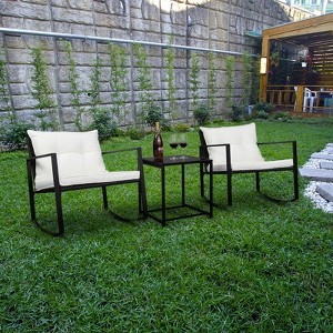 Black 3-Piece Wicker Outdoor Bistro Set Rocking Chairs with White Cushion - 1 of 4