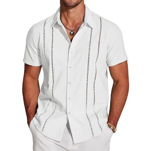 COOFANDY Men's Cuban Guayabera Short Sleeve Button Down Casual Summer Beach Linen Shirts,COLOR(White),SIZE(M) - 1 of 4