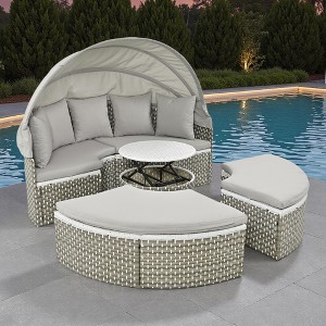 4-Pieces Outdoor Patio Rattan Round Daybed Sunbed with Retractable Canopy and Table - 1 of 4