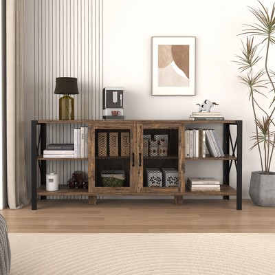 VYNXARIA TV Stands for Living Room,Farmhouse TV Stand 80 Inch Television Stand,Modern Horizontal Wood and Metal Open Bookshelf,Espresso