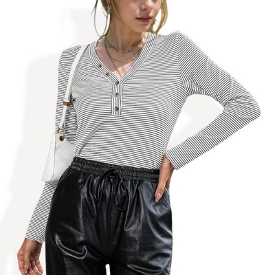 Anna-Kaci Women's Striped Relaxed Fit V-Neck Henley Top with Button Detail