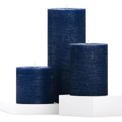 Assorted Pillar Candles Set of 3 ¨C Sizes 3", 4", 8" Unscented Dripless Large Candles, Rustic Style Long Burning for Weddings, Decor ¨C Dark Blue