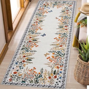 Boho Floral Rugs for Living Room Decor Flower Area Rug Washable Farmhouse Floor Carpet Non Slip Botanical Accent Rug for Nursery Bedroom - 1 of 4