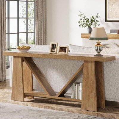 Gulches Farmhouse Console Table, 2-Tier, Natural Brown Wood, Extra Long 70.9", Sofa/Entryway/Hallway Table