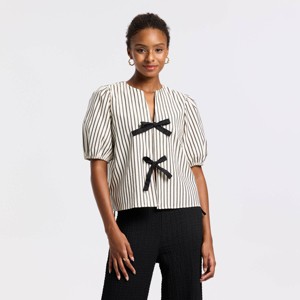 Women's Puff Short Sleeve Bow Tie Top - A New Day™ White Striped L