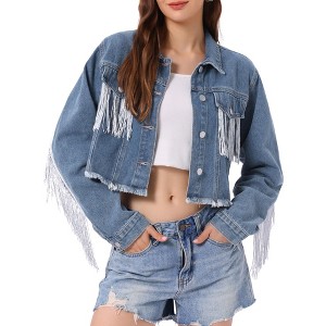 INSPIRE CHIC Women's Fringe Long Sleeve Frayed Hem Crop Denim Jacket - 1 of 4