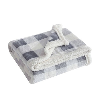Mountain Plaid Grey Reversible Sherpa Fleece Throw Blanket