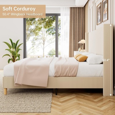 Bed Frame, Upholstered Platform Corduroy Bed Frame with Vertical Channel Tufted Wingback Headboard, Strong Wooden Slats, No Box Spring Needed