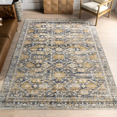 Blue and Beige Medallion Washable Synthetic Area Rug