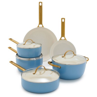 Blue + Green Pattern Enamel Cookware Set - 5 Pots + 3 Lids - Gil