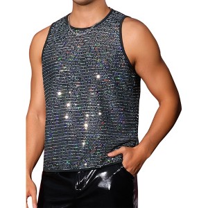 Lars Amadeus Men's Sparkly Sequins Crew Neck Party Club Metallic Tank Top - 1 of 4