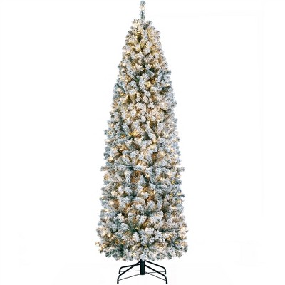Yaheetech 6Ft/7.5Ft/9Ft Prelit Flocked Pencil Artificial Christmas Tree Holiday Decoration Hinged Spruce, Green