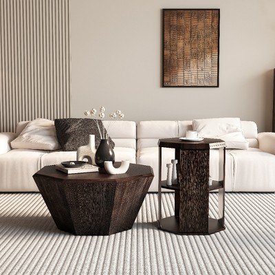 Racxily Octagonal Black Walnut Rubber wood Set of Two Coffee Table, Coffee Table,