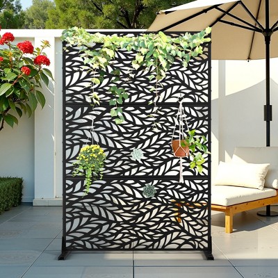 TOAOTBNBO Metal Privacy Screen with Stand, Decorative Privacy Fence Panels with Leaf Pattern, Outdoor Privacy Screen for Garden, Black