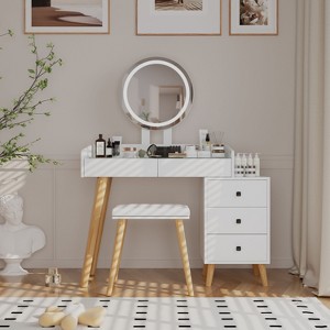 DOMETOUR LED Glass Top Dressing Table with Extendable Side Table, 5 Drawers, Mirror, and Stool for Bedroom - 1 of 4
