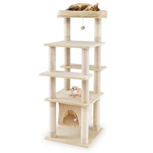 Costway Large Multi-level Cat Tree 58" Tall Cat Tower with Swaying Aerial Condo Perch Bed Brown/Beige - 1 of 1