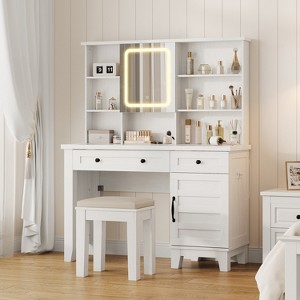 Farmhouse Makeup Vanity Desk with Mirror and Lights, Power Outlet, 2 Drawers and Cushioned Stool, Glass Top for Bedroom Dressing Room - 1 of 4