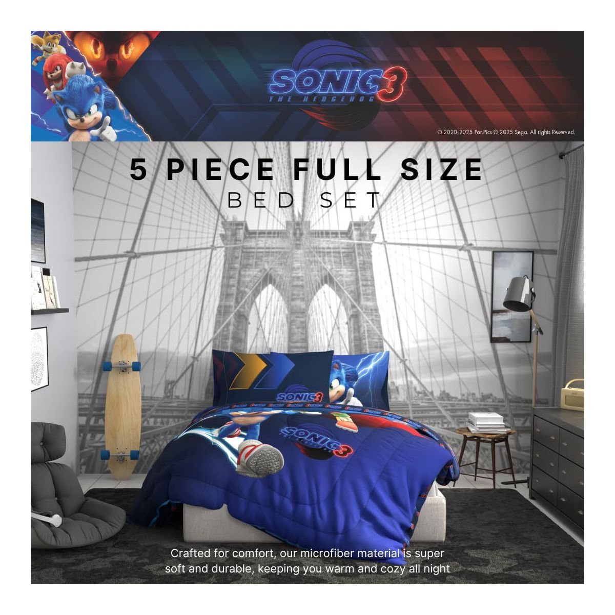 Sonic The Hedgehog 3 Movie Kids Bedding Full Comforter and Sheets, 5 Piece Set - thumbnail 4