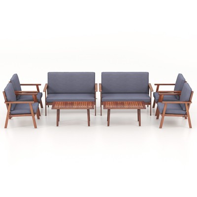 Tangkula 8PCS Conversation Set Acacia Wood Sofa Coffee Table w/ Cushioned Seat Patio