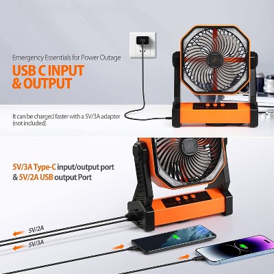 Portable Orange Oscillating Desk Fan with LED Light and Hook