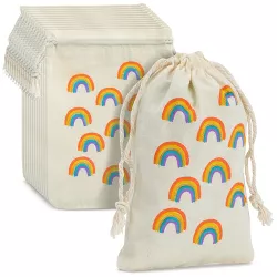 Blue Panda 12 Pack Small Canvas Party Favors Drawstring Gift Bags for Goodie Treat, Kids Rainbow Unicorn Birthday Party Supplies, 4x6 in